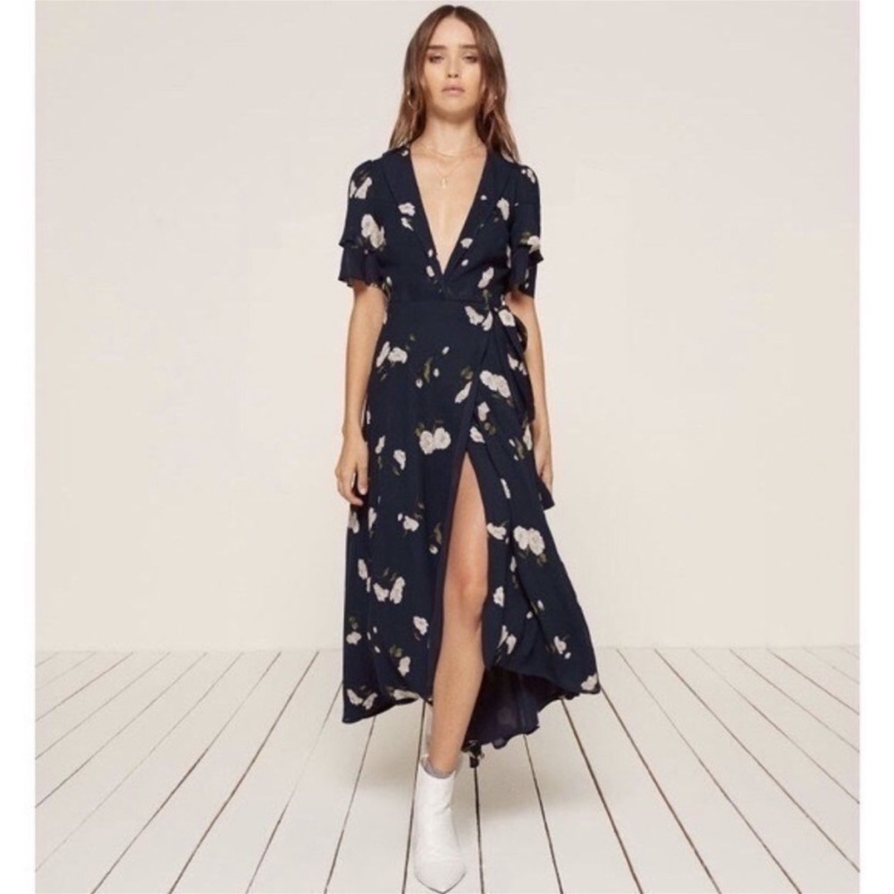 Reformation Layley Dress in Opaline Size Small S Navy Dark Cottagecore Gown